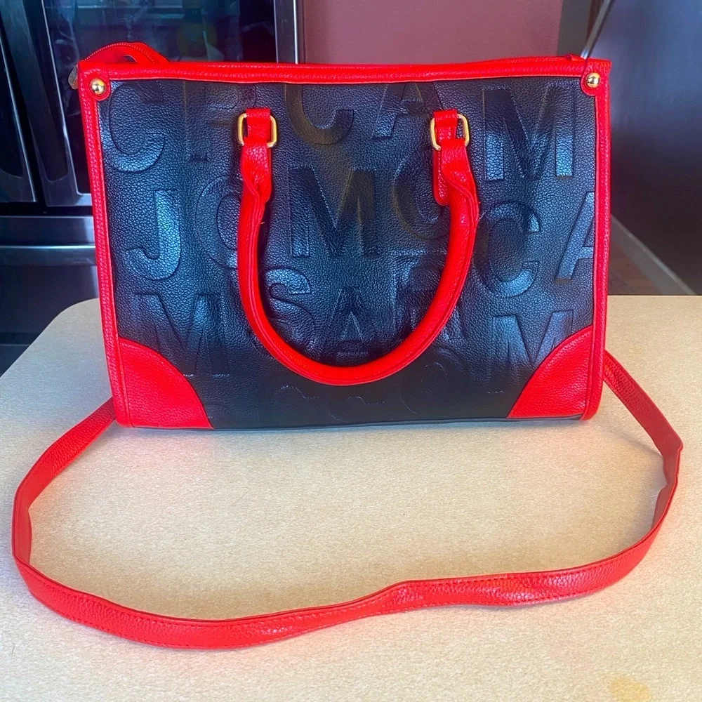 PURSE: Black/Red Geometric Embossed Lettering & Painted Edging Tote, NWOT